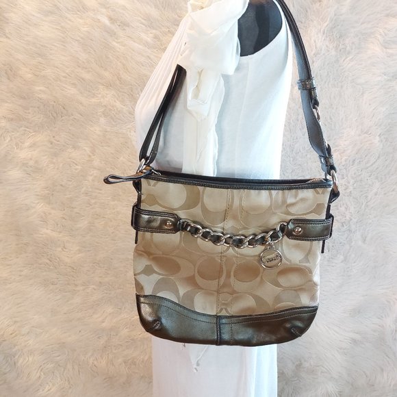 Coach F19730 Khaki Bronze Signature Sateen Brooke Shoulder Satchel Hobo Bag - Picture 1 of 10